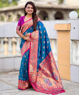teal blue faux banarasi silk blend saree with paithani rich weaved pallu and blouse 3