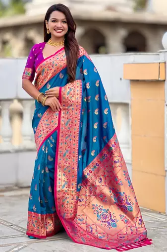teal blue faux banarasi silk blend saree with paithani rich weaved pallu and blouse