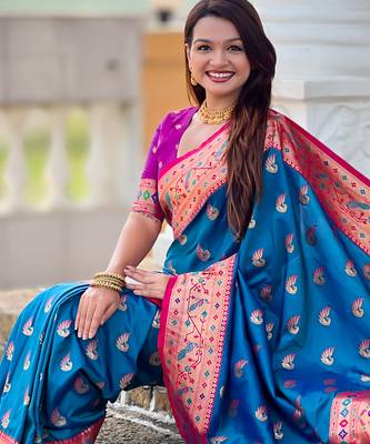 teal blue faux banarasi silk blend saree with paithani rich weaved pallu and blouse 4
