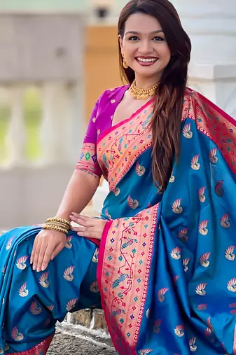 teal blue faux banarasi silk blend saree with paithani rich weaved pallu and blouse