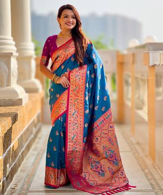 teal blue faux banarasi silk blend saree with paithani rich weaved pallu and blouse 5