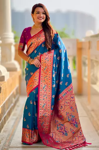 teal blue faux banarasi silk blend saree with paithani rich weaved pallu and blouse
