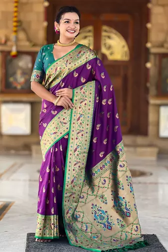 wine faux banarasi silk blend saree with paithani rich weaved pallu and blouse