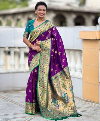 wine faux banarasi silk blend saree with paithani rich weaved pallu and blouse 2