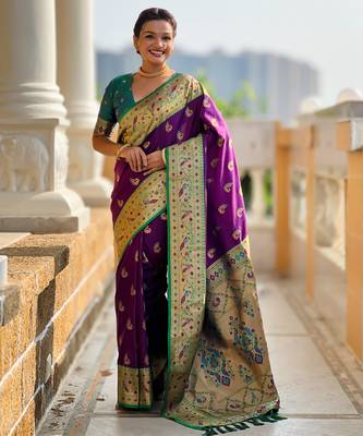 wine faux banarasi silk blend saree with paithani rich weaved pallu and blouse 4