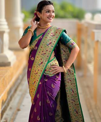 wine faux banarasi silk blend saree with paithani rich weaved pallu and blouse 5