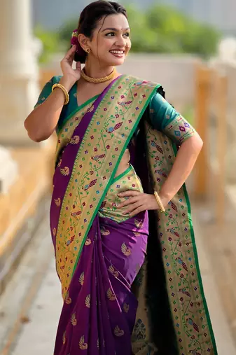 wine faux banarasi silk blend saree with paithani rich weaved pallu and blouse