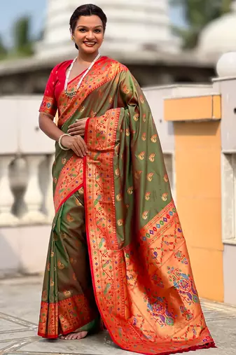 dark_green faux banarasi silk blend saree with paithani rich weaved pallu and blouse