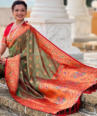 dark_green faux banarasi silk blend saree with paithani rich weaved pallu and blouse 3