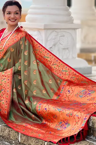 dark_green faux banarasi silk blend saree with paithani rich weaved pallu and blouse