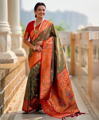 dark_green faux banarasi silk blend saree with paithani rich weaved pallu and blouse 4
