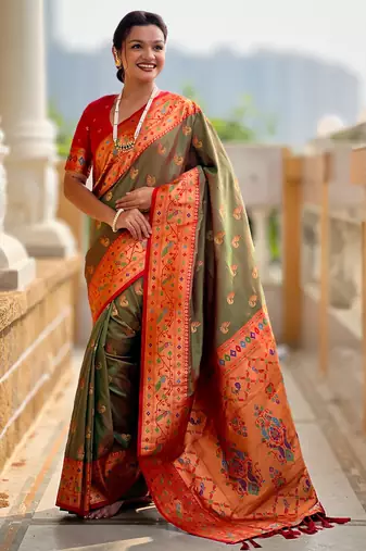 dark_green faux banarasi silk blend saree with paithani rich weaved pallu and blouse