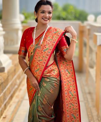 dark_green faux banarasi silk blend saree with paithani rich weaved pallu and blouse 5