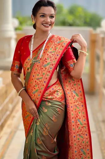 dark_green faux banarasi silk blend saree with paithani rich weaved pallu and blouse
