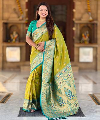 parrot green faux banarasi silk blend saree with paithani rich weaved pallu and blouse 1