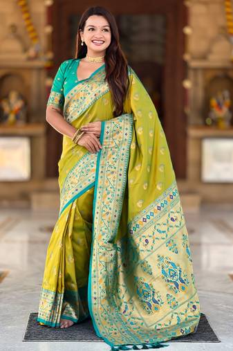 parrot green  faux banarasi silk blend saree with paithani rich weaved pallu and blouse
