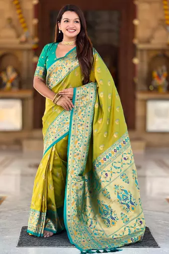 parrot green  faux banarasi silk blend saree with paithani rich weaved pallu and blouse