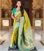 parrot green  faux banarasi silk blend saree with paithani rich weaved pallu and blouse