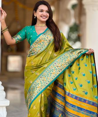 parrot green faux banarasi silk blend saree with paithani rich weaved pallu and blouse 2