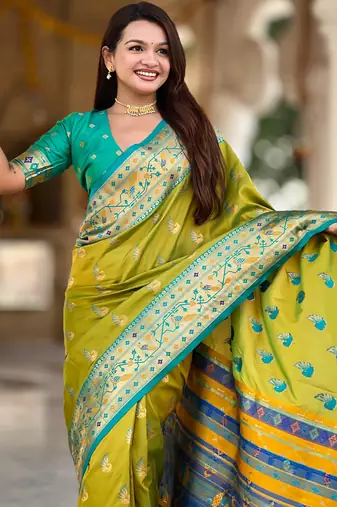 parrot green faux banarasi silk blend saree with paithani rich weaved pallu and blouse