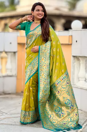 parrot green faux banarasi silk blend saree with paithani rich weaved pallu and blouse