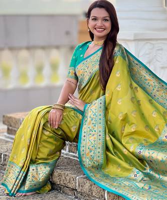 parrot green faux banarasi silk blend saree with paithani rich weaved pallu and blouse 4