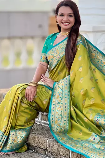 parrot green faux banarasi silk blend saree with paithani rich weaved pallu and blouse