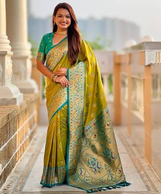 parrot green faux banarasi silk blend saree with paithani rich weaved pallu and blouse 5