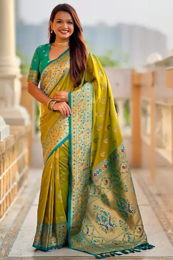 parrot green faux banarasi silk blend saree with paithani rich weaved pallu and blouse