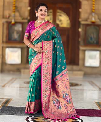 sea green faux banarasi silk blend saree with paithani rich weaved pallu and blouse 1
