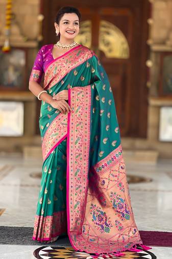 sea green faux banarasi silk blend saree with paithani rich weaved pallu and blouse