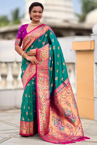 sea green faux banarasi silk blend saree with paithani rich weaved pallu and blouse