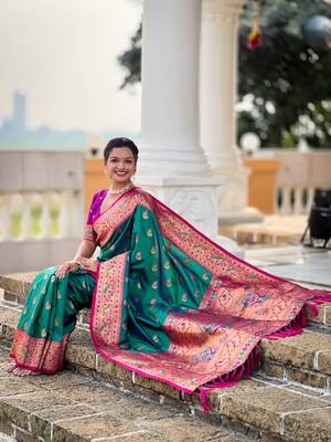 sea green faux banarasi silk blend saree with paithani rich weaved pallu and blouse 3