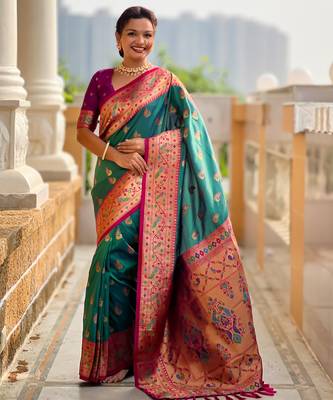 sea green faux banarasi silk blend saree with paithani rich weaved pallu and blouse 4