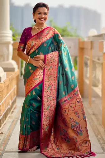 sea green faux banarasi silk blend saree with paithani rich weaved pallu and blouse