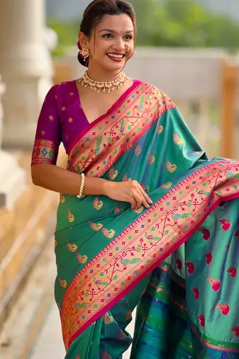 sea green faux banarasi silk blend saree with paithani rich weaved pallu and blouse