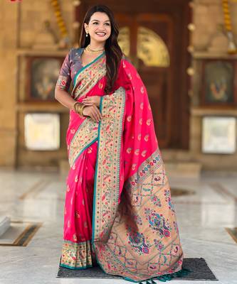 pink green faux banarasi silk blend saree with paithani rich weaved pallu and blouse 1