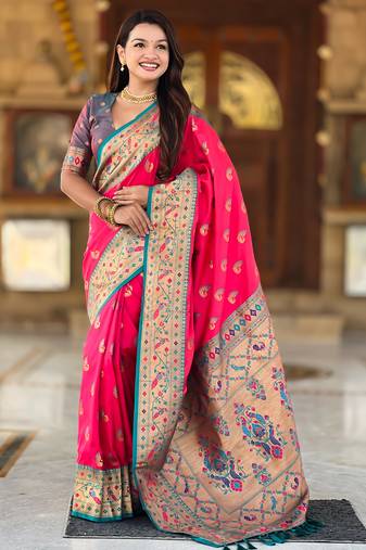 pink green  faux banarasi silk blend saree with paithani rich weaved pallu and blouse