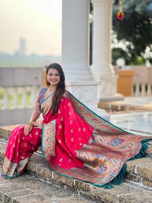 pink green faux banarasi silk blend saree with paithani rich weaved pallu and blouse 3