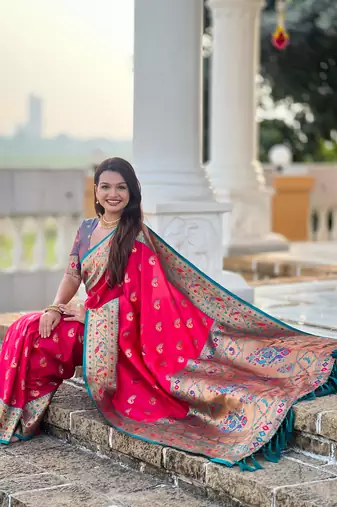 pink green faux banarasi silk blend saree with paithani rich weaved pallu and blouse