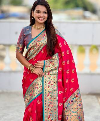 pink green faux banarasi silk blend saree with paithani rich weaved pallu and blouse 4