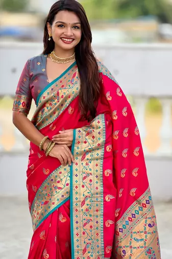 pink green faux banarasi silk blend saree with paithani rich weaved pallu and blouse