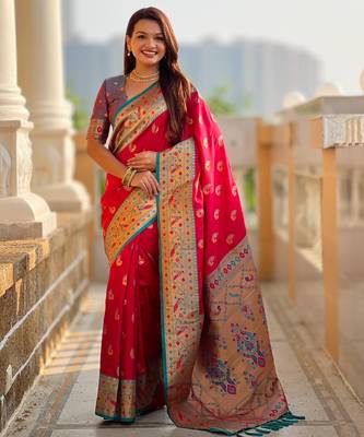 pink green faux banarasi silk blend saree with paithani rich weaved pallu and blouse 5