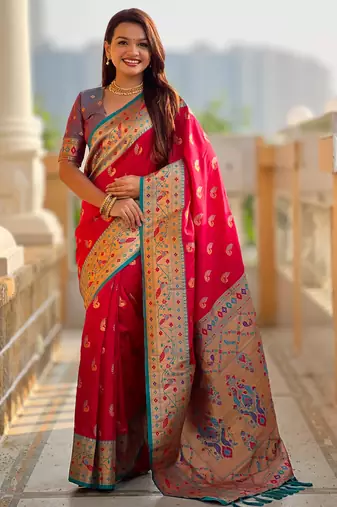pink green faux banarasi silk blend saree with paithani rich weaved pallu and blouse