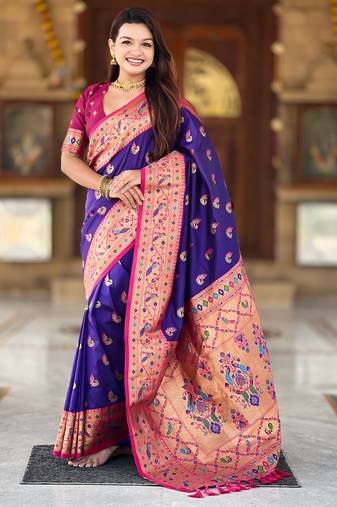 violet  faux banarasi silk blend saree with paithani rich weaved pallu and blouse