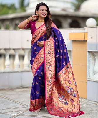 violet faux banarasi silk blend saree with paithani rich weaved pallu and blouse 2