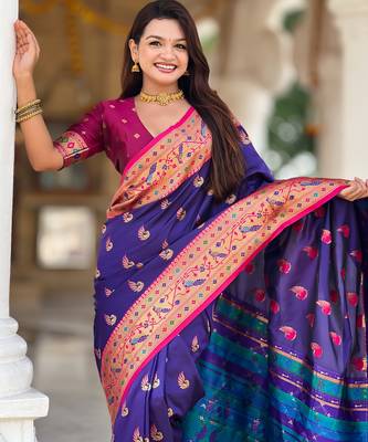 violet faux banarasi silk blend saree with paithani rich weaved pallu and blouse 3