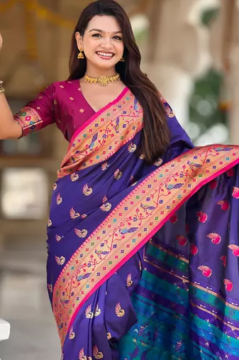 violet faux banarasi silk blend saree with paithani rich weaved pallu and blouse