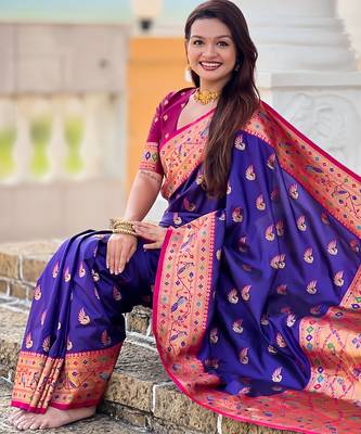 violet faux banarasi silk blend saree with paithani rich weaved pallu and blouse 4
