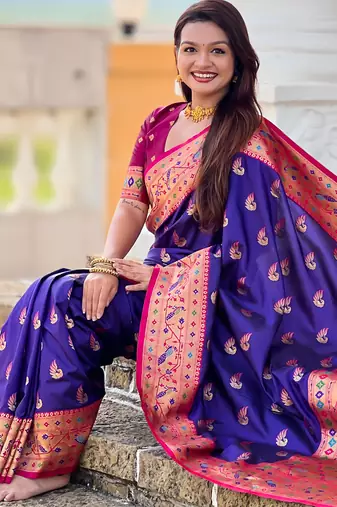 violet faux banarasi silk blend saree with paithani rich weaved pallu and blouse